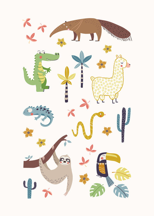 Barnillustration sydamerikanska djur lekfull