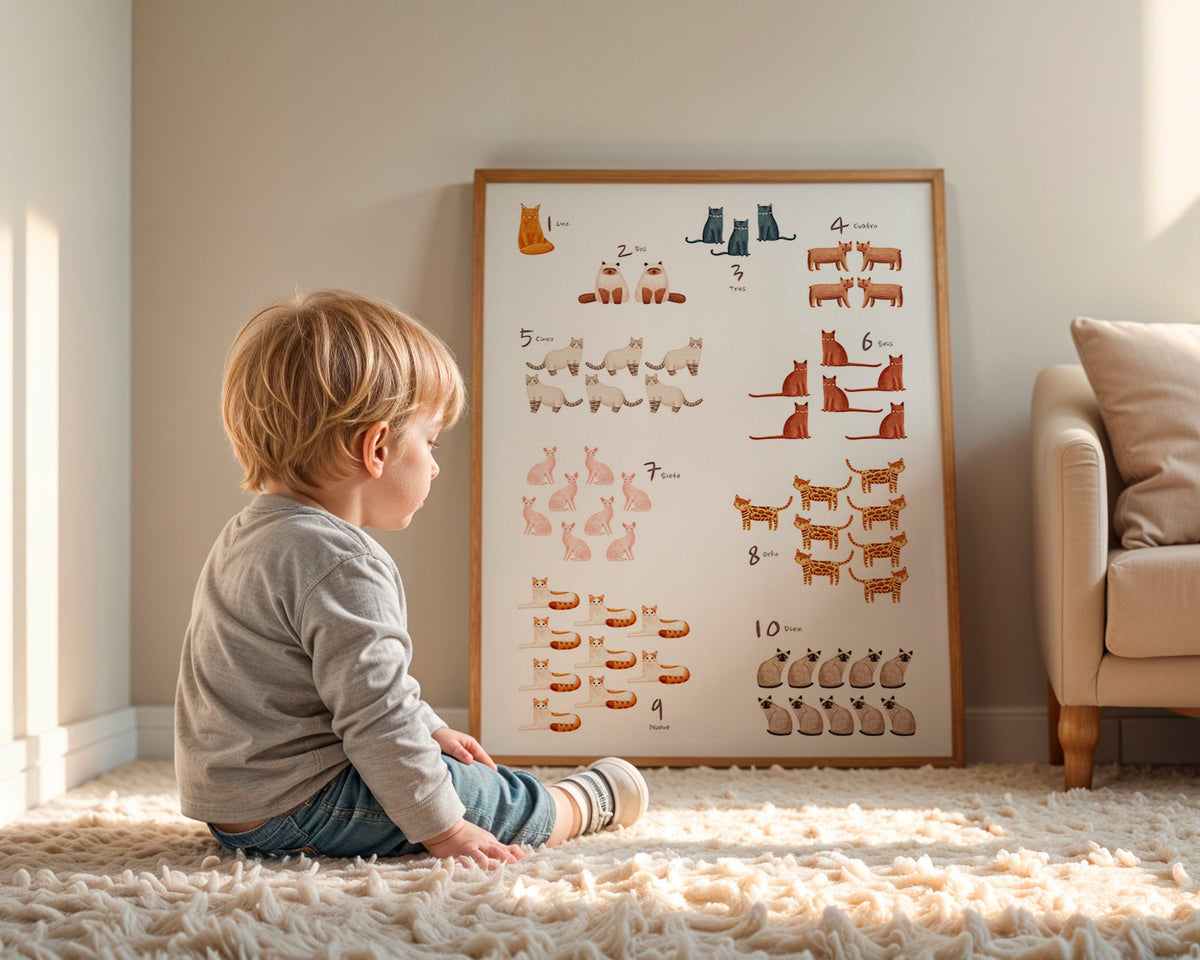 Barnposter med siffror och lekfulla katter