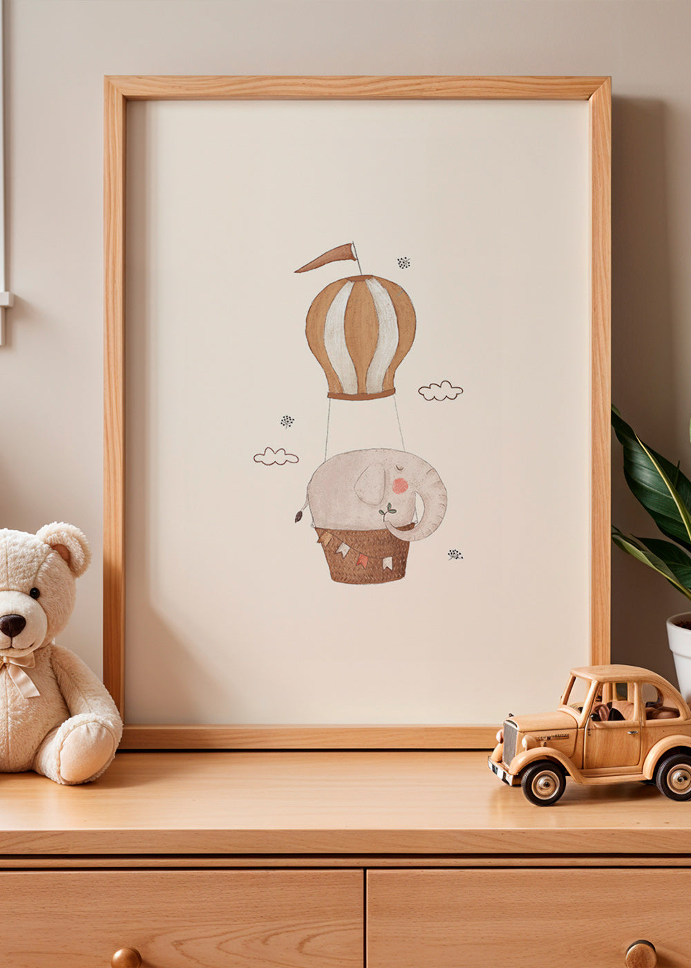 Barnposterst elefant i luftballong