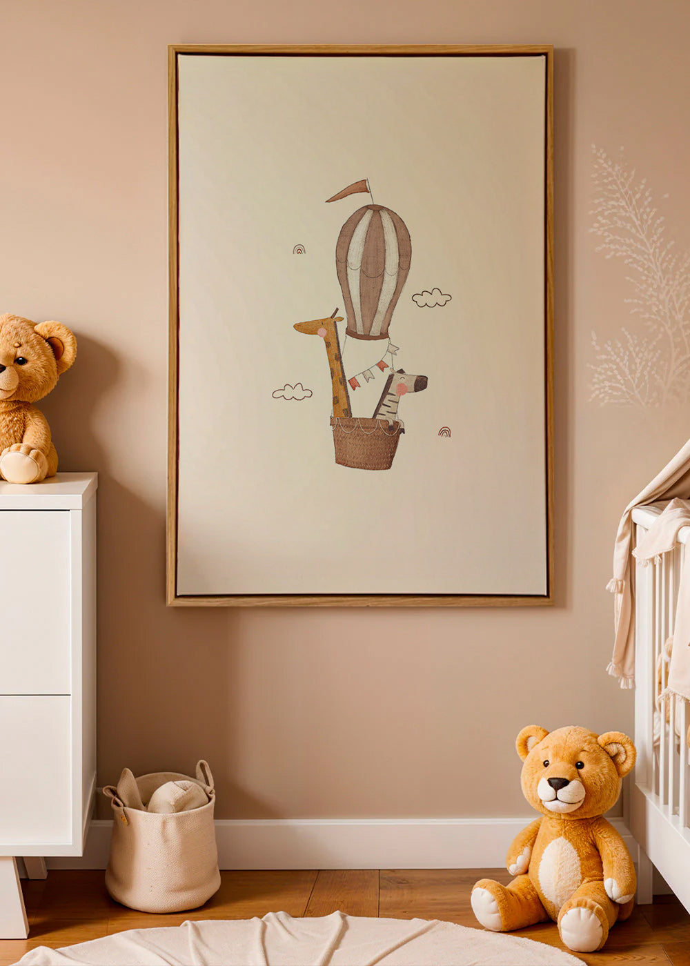 Barnposter: giraff och elefant i luftballong