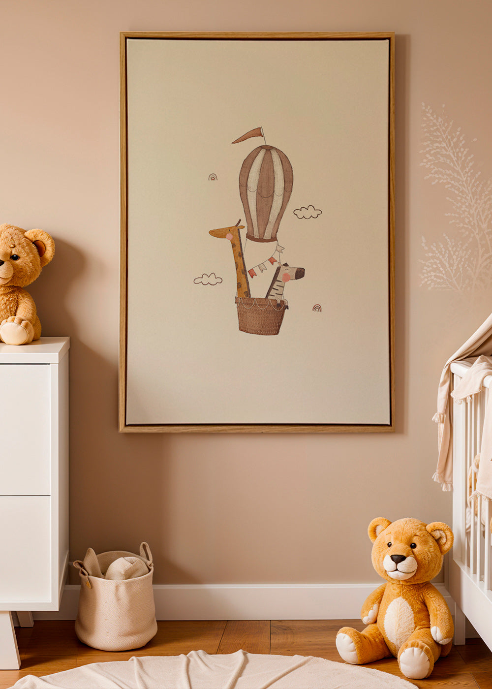 Barnposter: giraff och elefant i luftballong