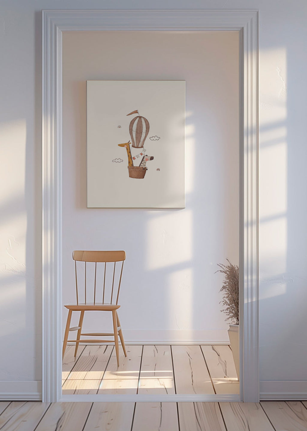 Barnposter: giraff och elefant i luftballong