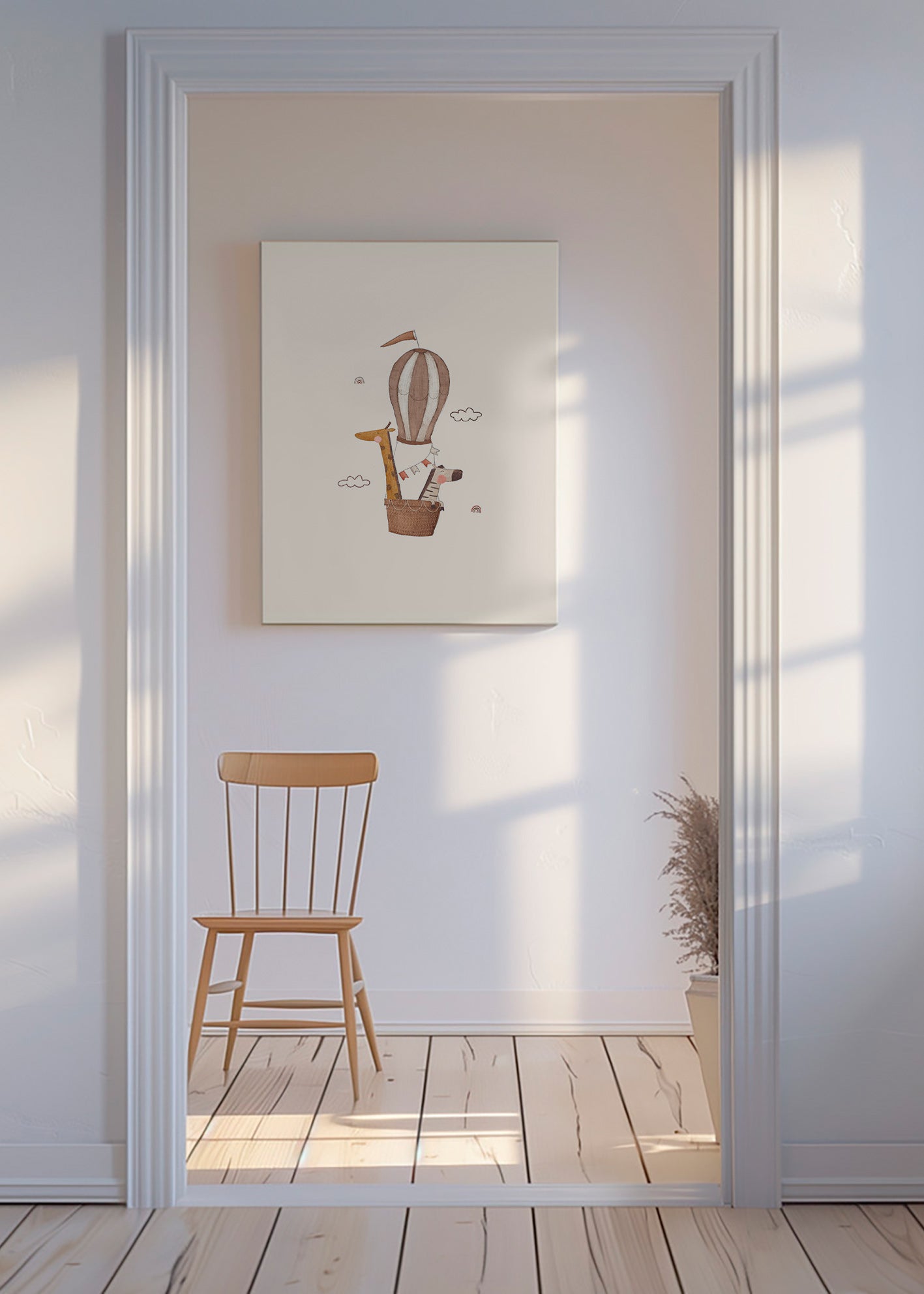 Barnposter: giraff och elefant i luftballong