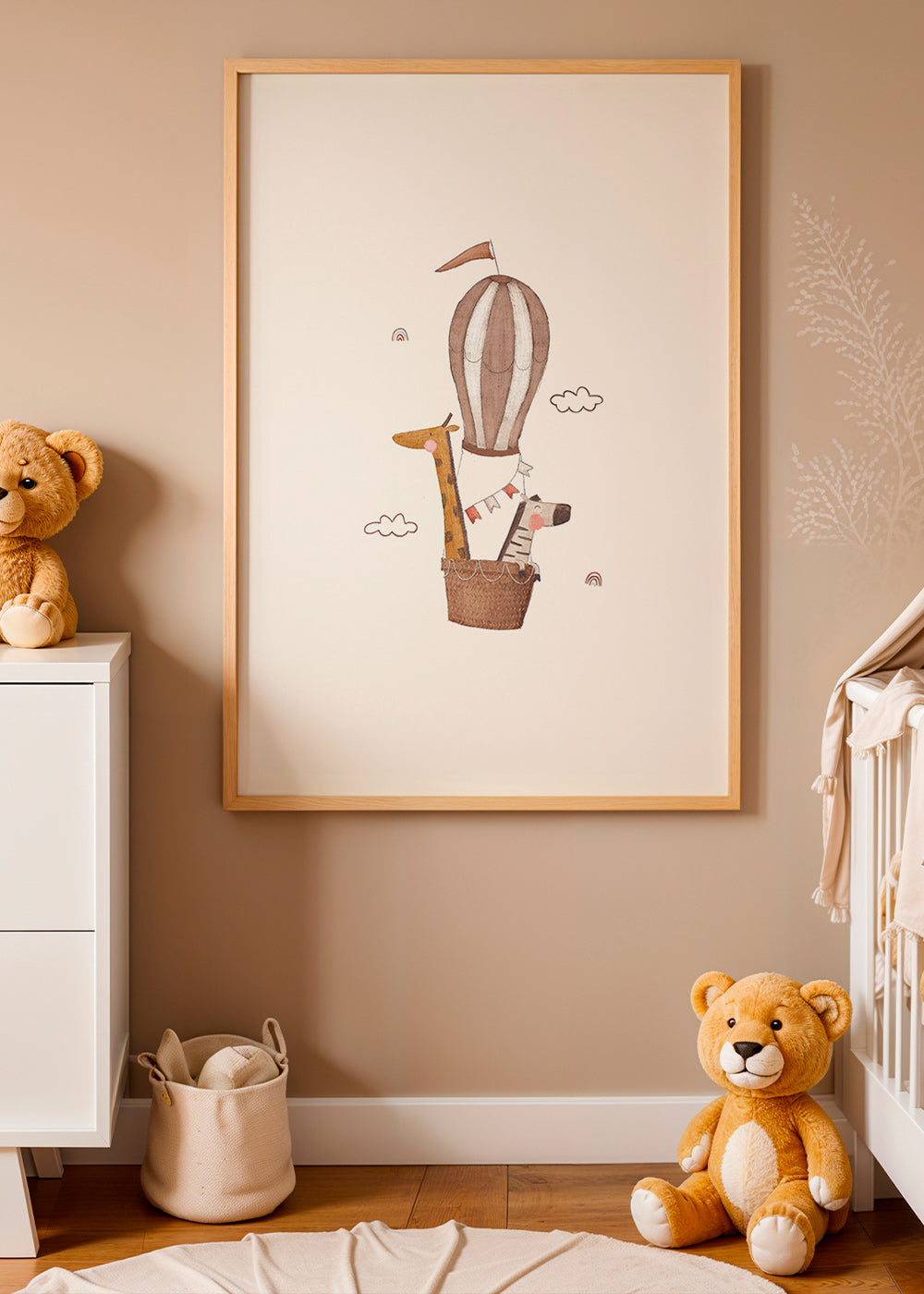 Barnposter: giraff och elefant i luftballong