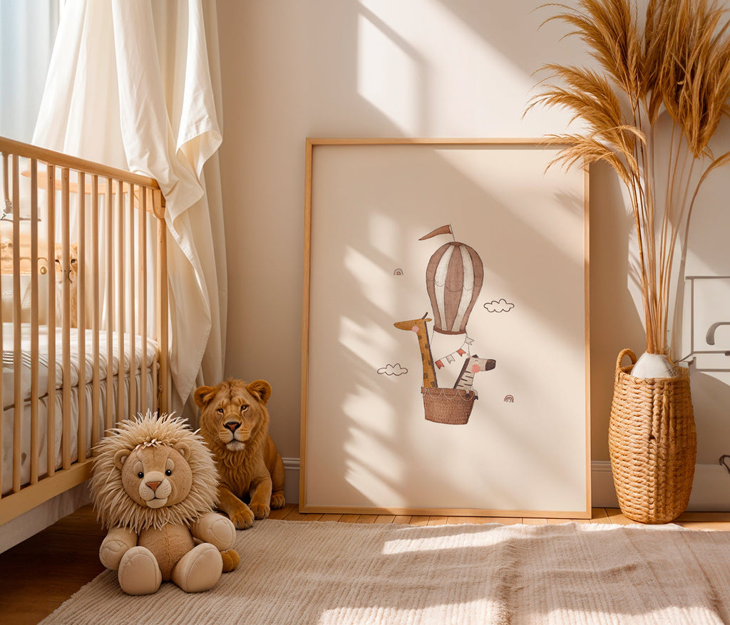 Barnposter: giraff och elefant i luftballong