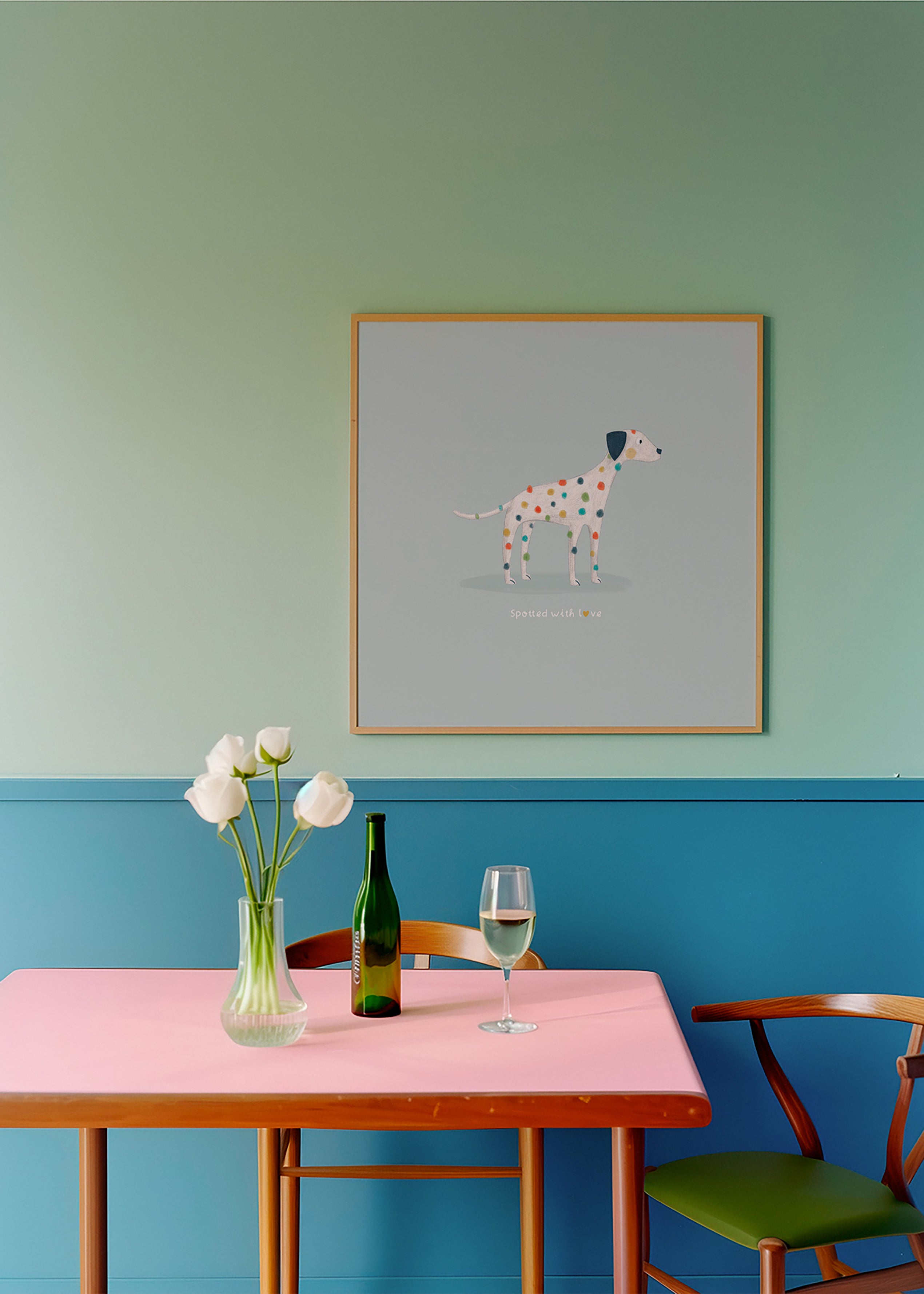 Dalmatinerillustration med färgglada prickar