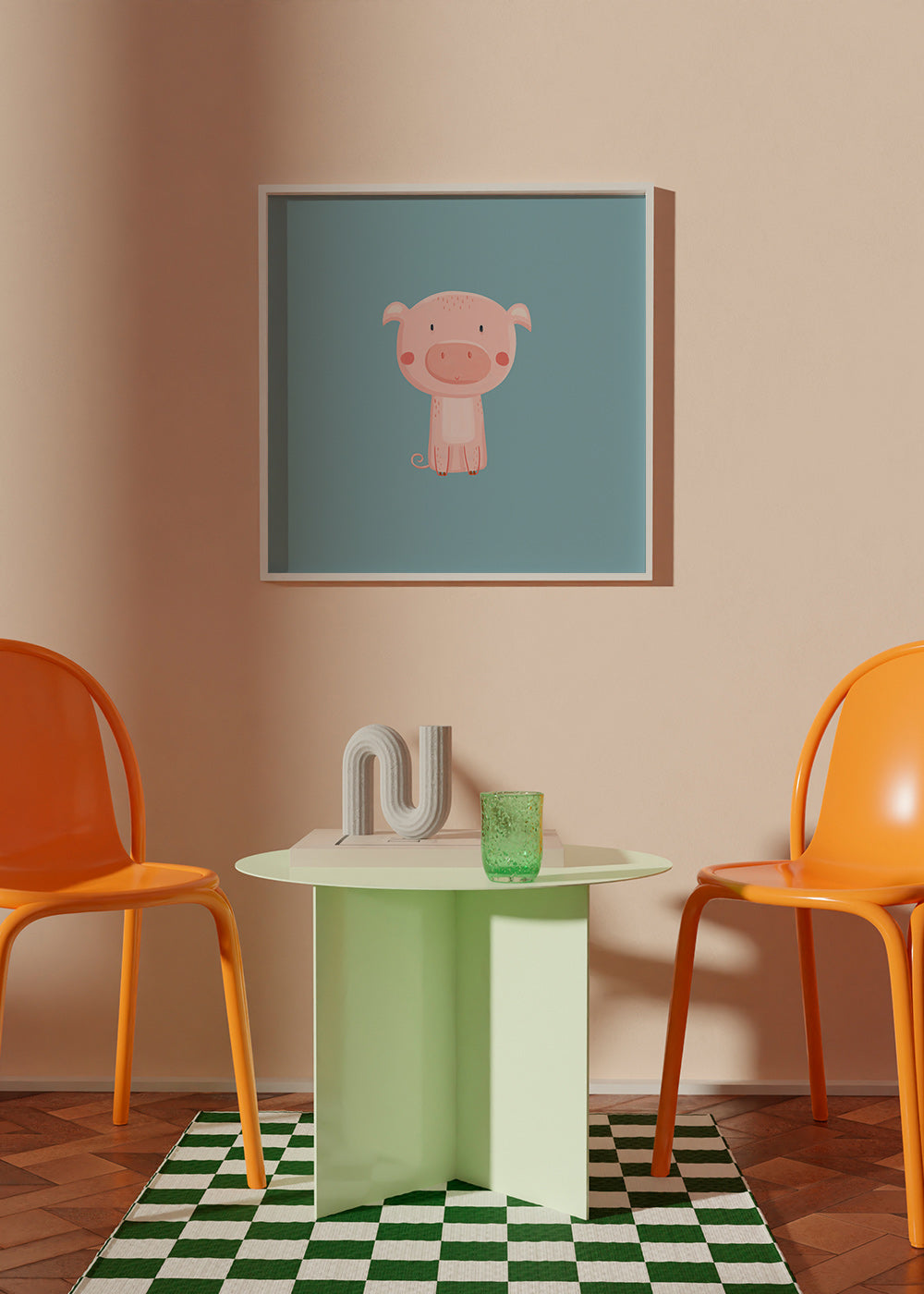 Barnposter med rosa griskulting centrerad