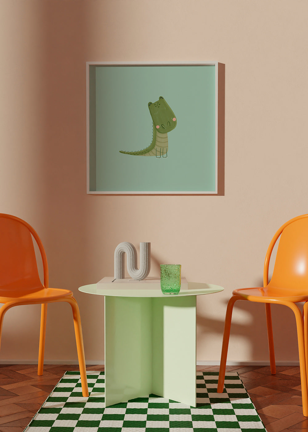 Barnposter leende krokodil på mintgrön bakgrund