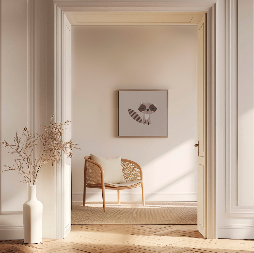 Barnposter: leende tvättbjörn på beige bakgrund