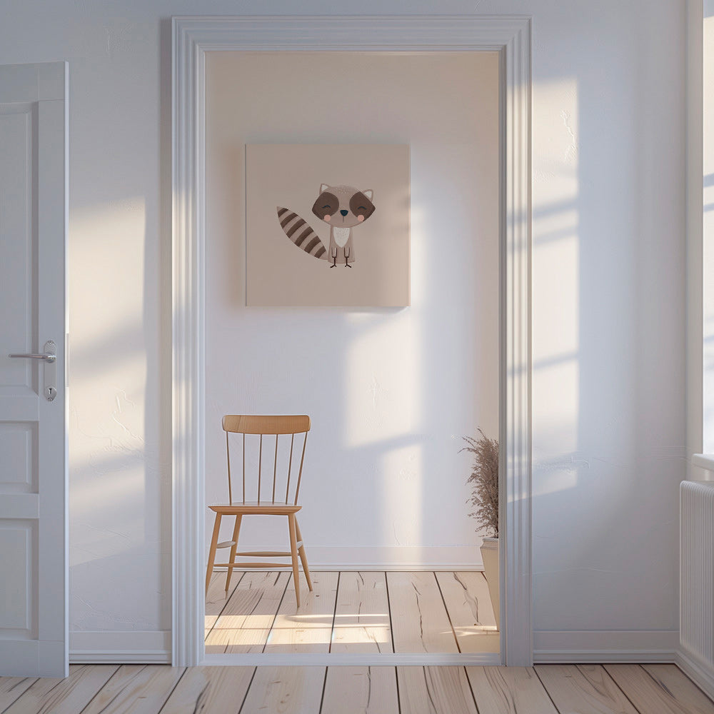 Barnposter: leende tvättbjörn på beige bakgrund