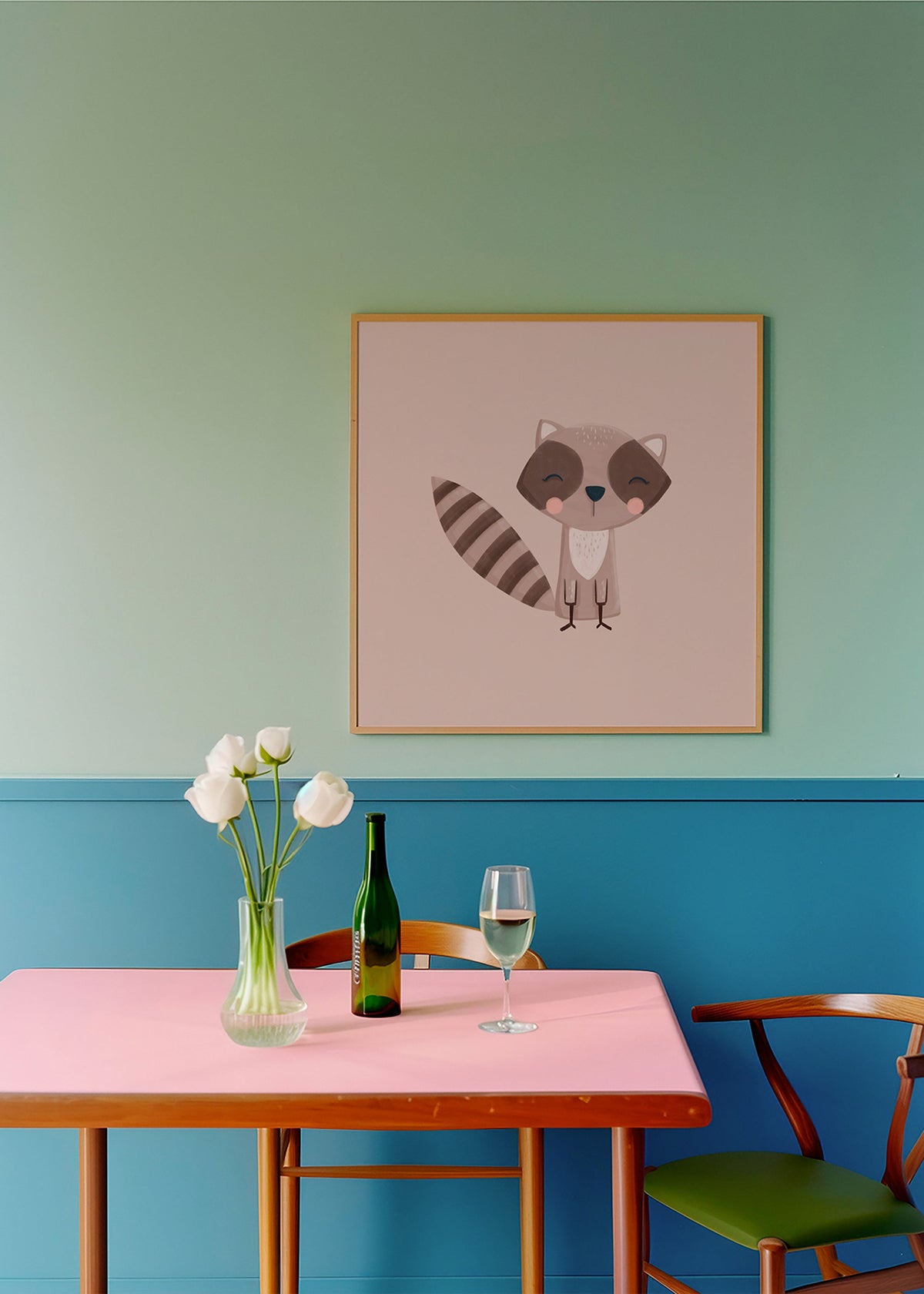 Barnposter: leende tvättbjörn på beige bakgrund