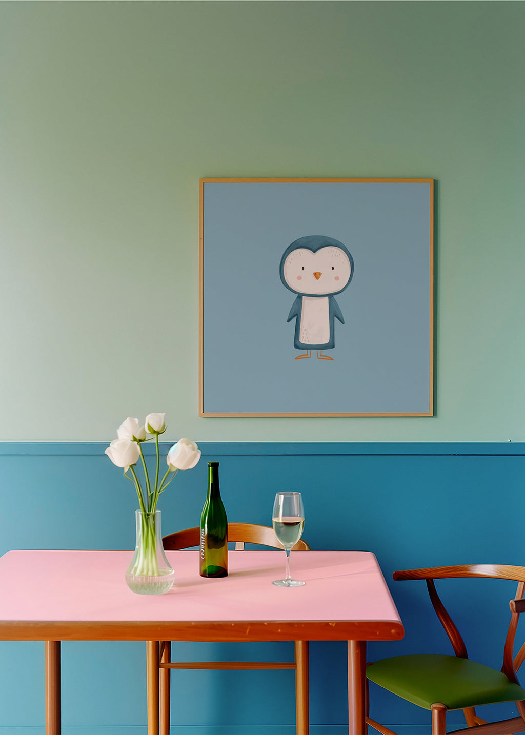 Konstverk pingvinillustration på blå bakgrund