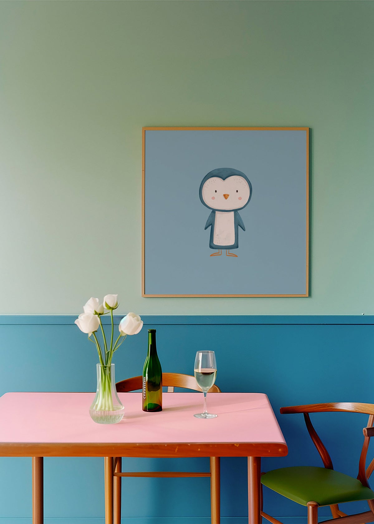 Konstverk pingvinillustration på blå bakgrund
