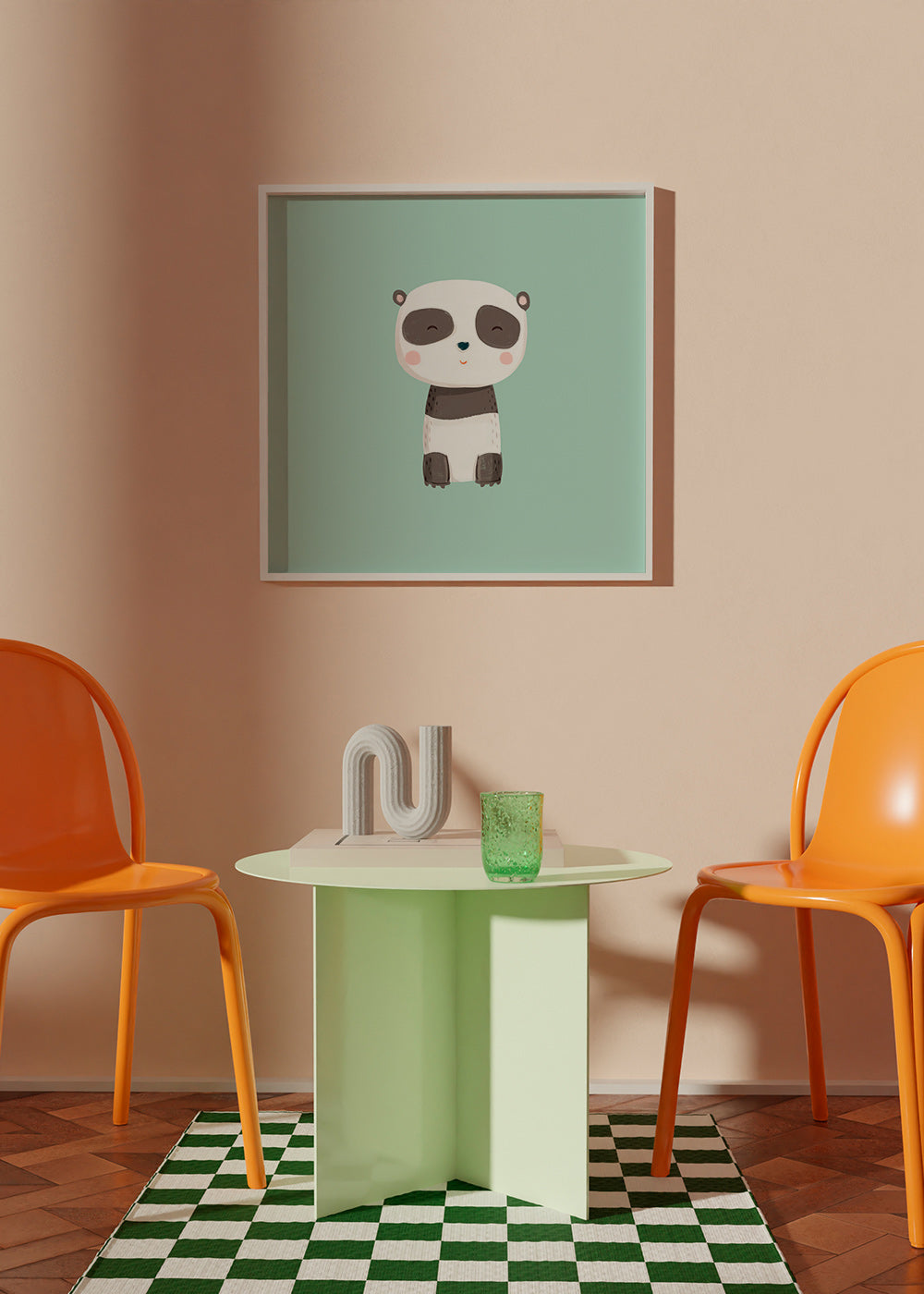 Barnposter med leende panda på mintgrön bakgrund