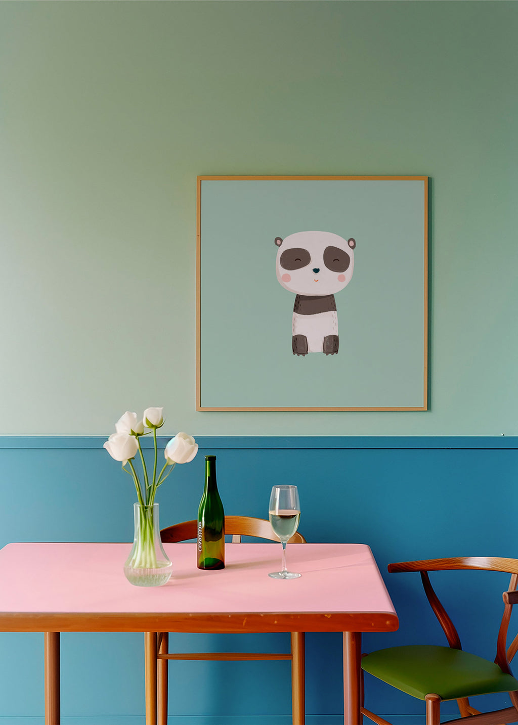 Barnposter med leende panda på mintgrön bakgrund