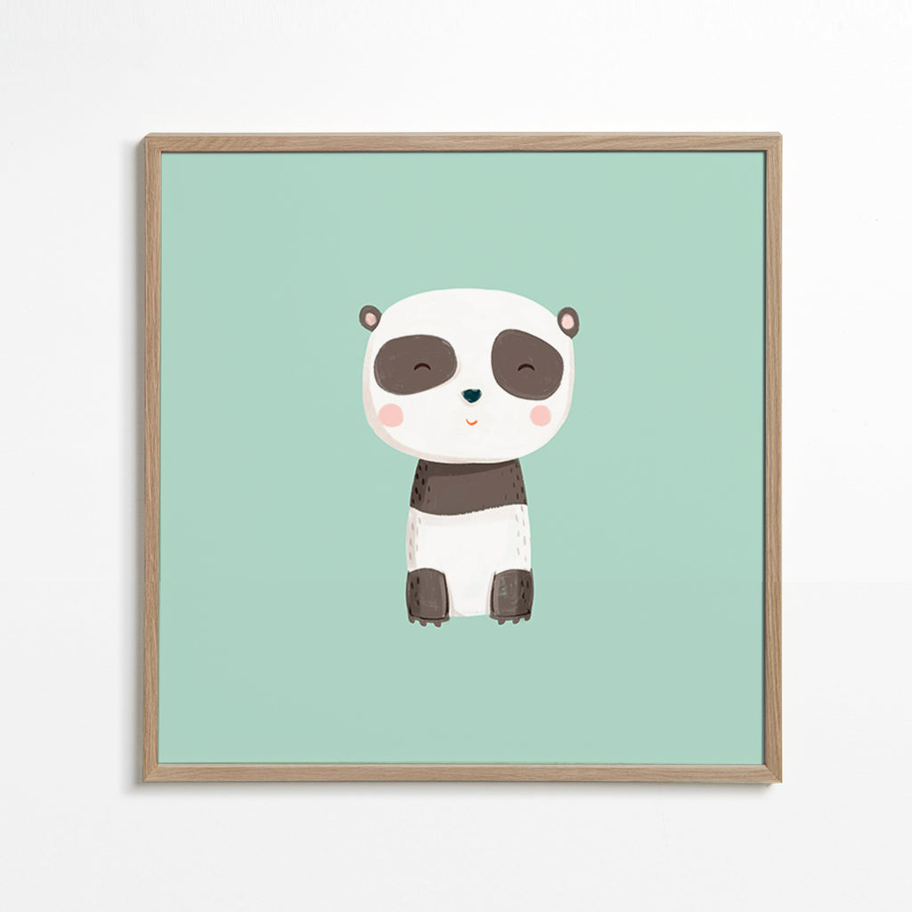 Barnposter med leende panda på mintgrön bakgrund