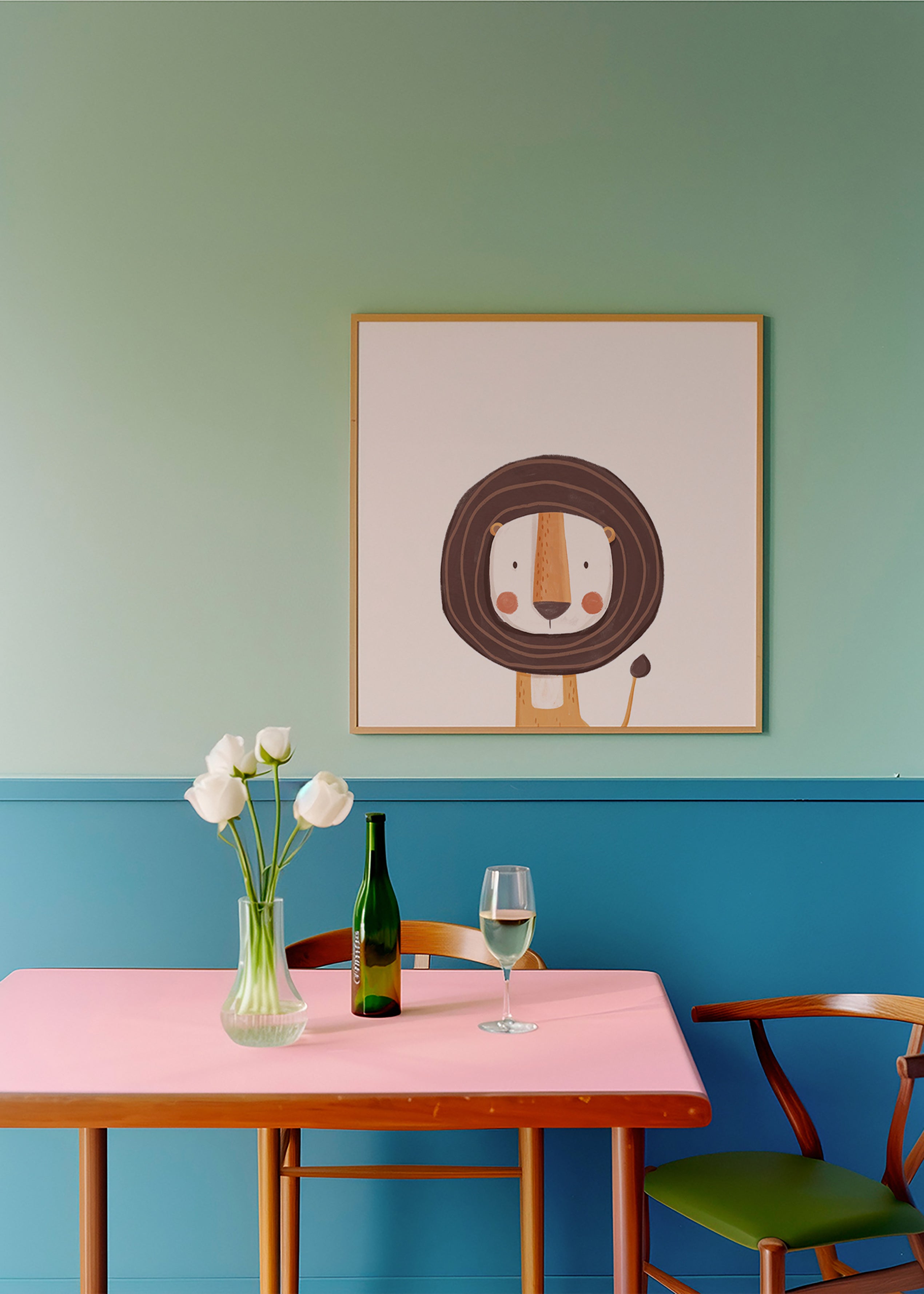 Barnposter med leende lejon i minimalistisk stil