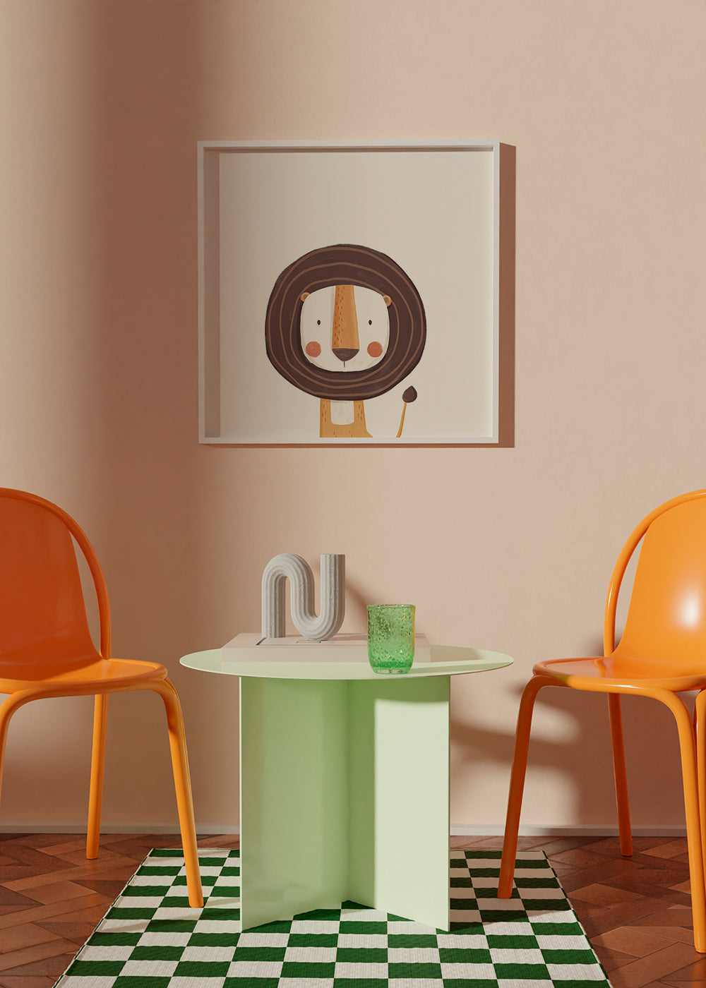 Barnposter med leende lejon i minimalistisk stil