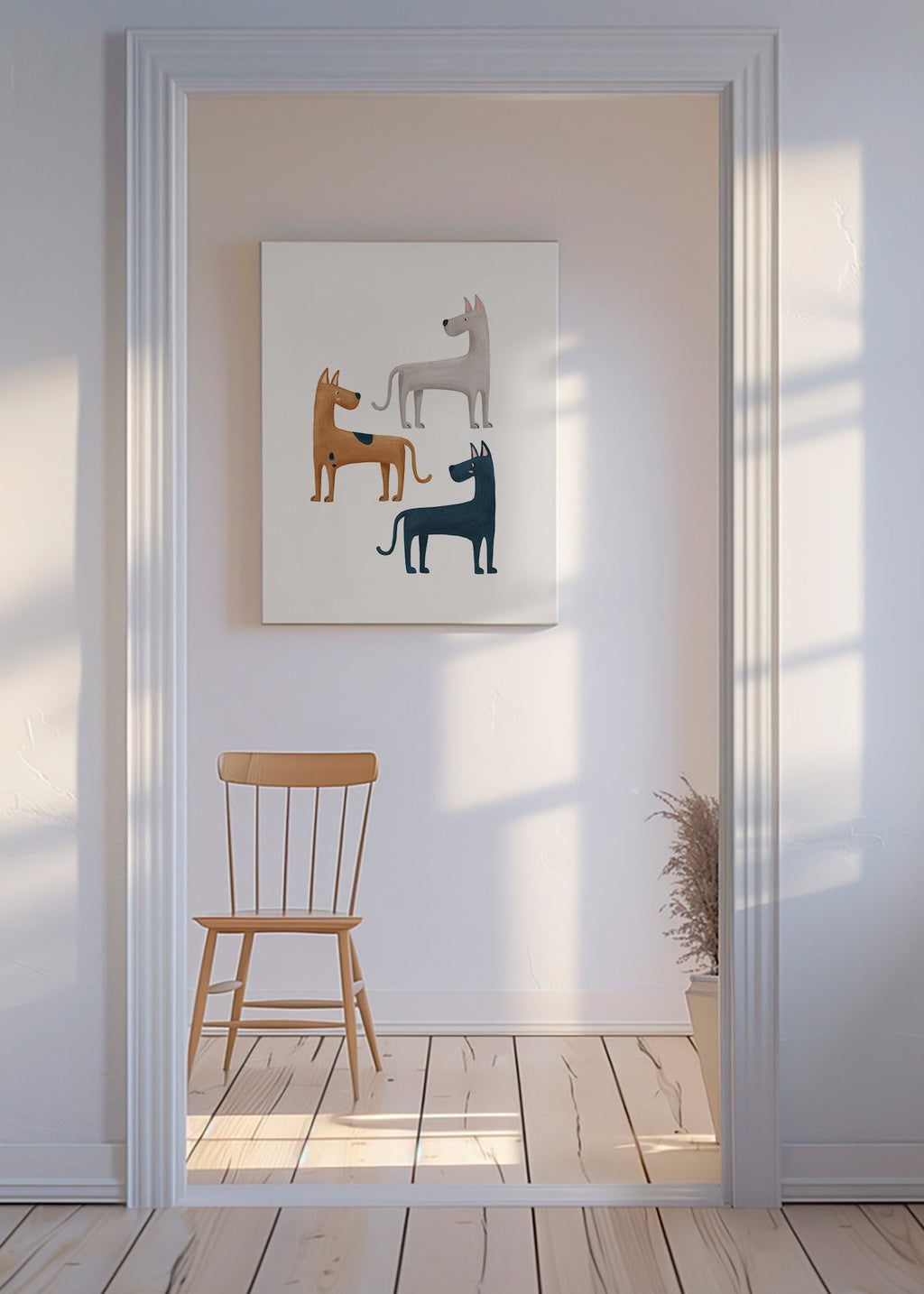 Tavla med tre illustrerade hundar