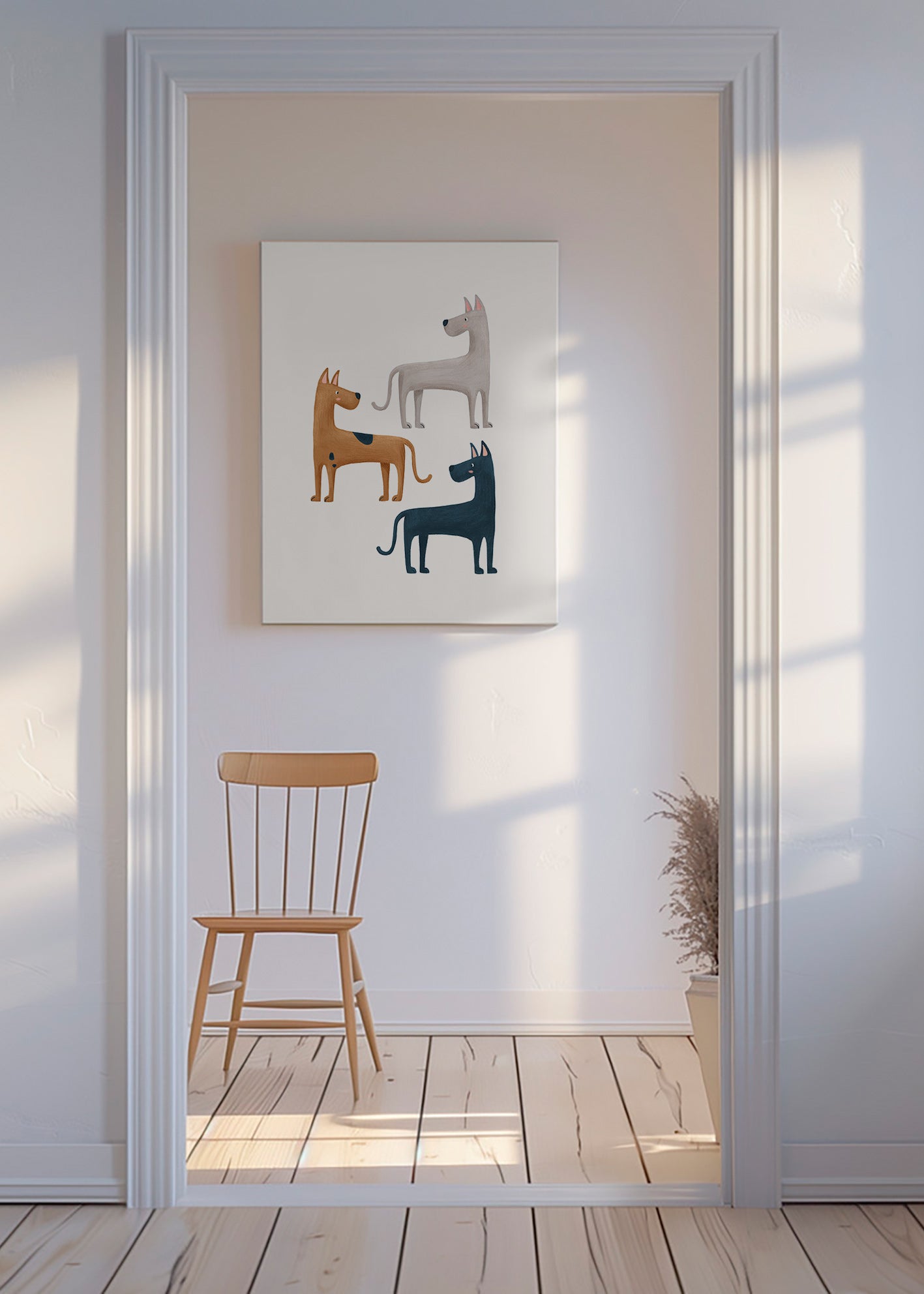 Tavla med tre illustrerade hundar