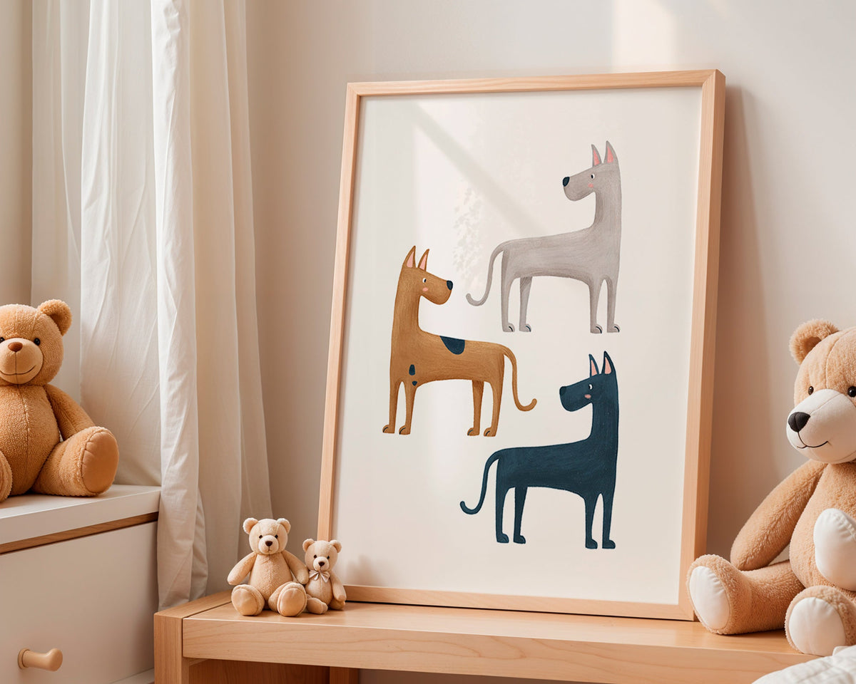Tavla med tre illustrerade hundar