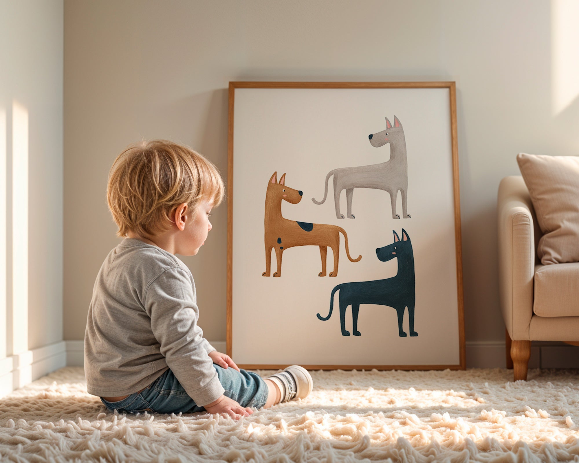 Tavla med tre illustrerade hundar