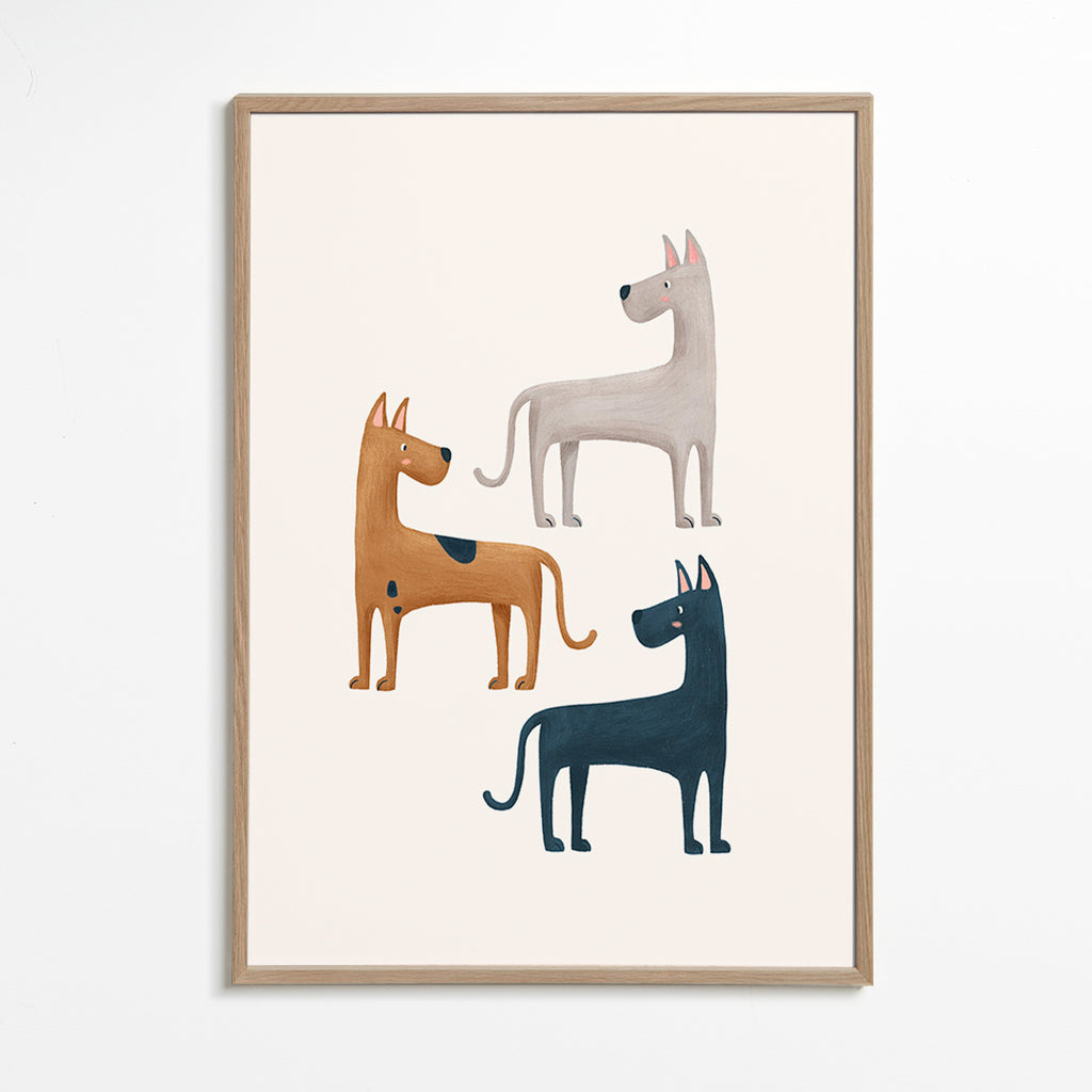 Tavla med tre illustrerade hundar