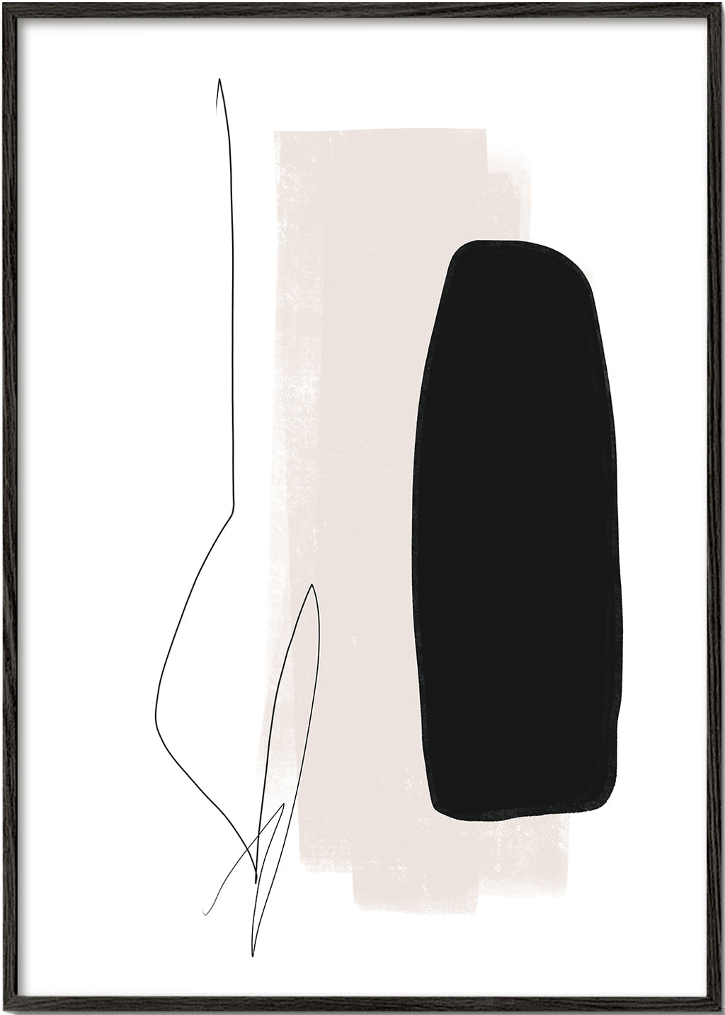 Minimalistisk konst med svart form och organisk linje