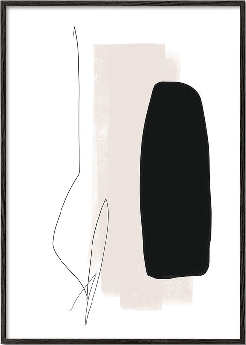 Minimalistisk konst med svart form och organisk linje