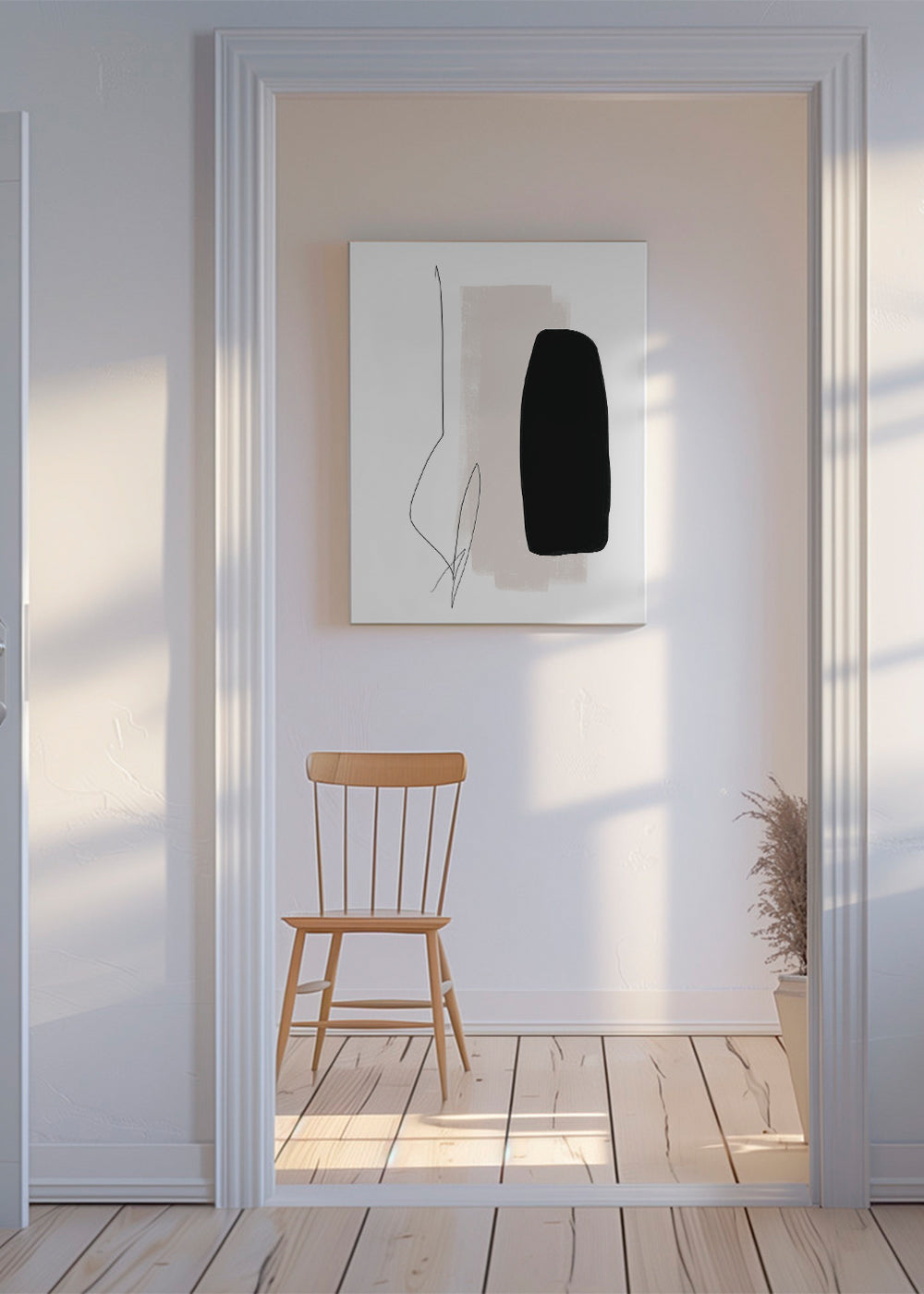 Minimalistisk konst med svart form och organisk linje