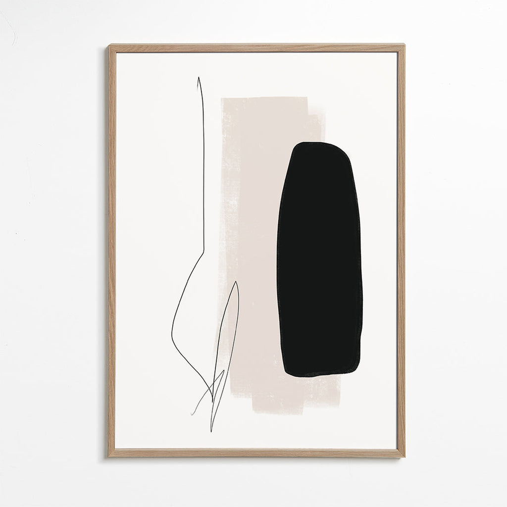 Minimalistisk konst med svart form och organisk linje