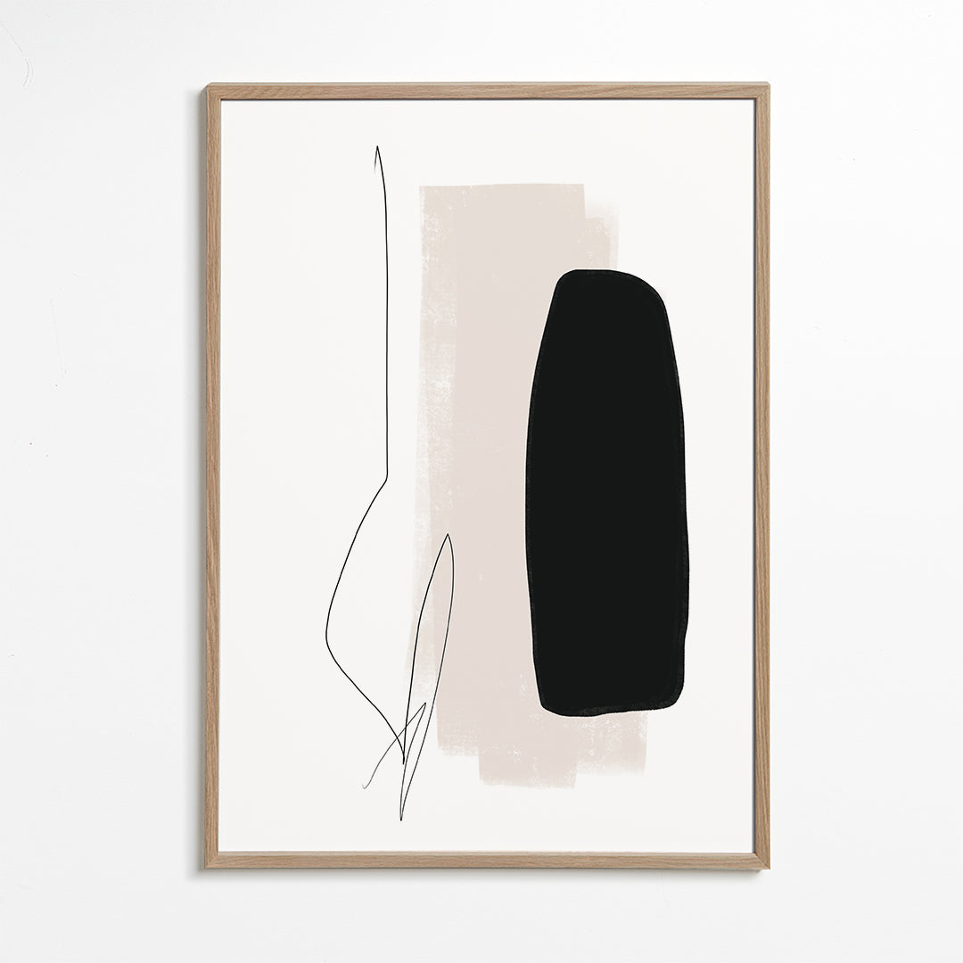 Minimalistisk konst med svart form och organisk linje