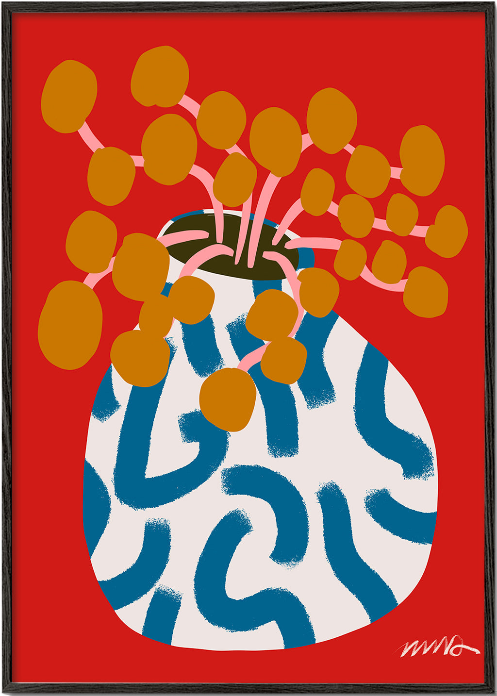 Botanisk poster med vas och gyllene blommor