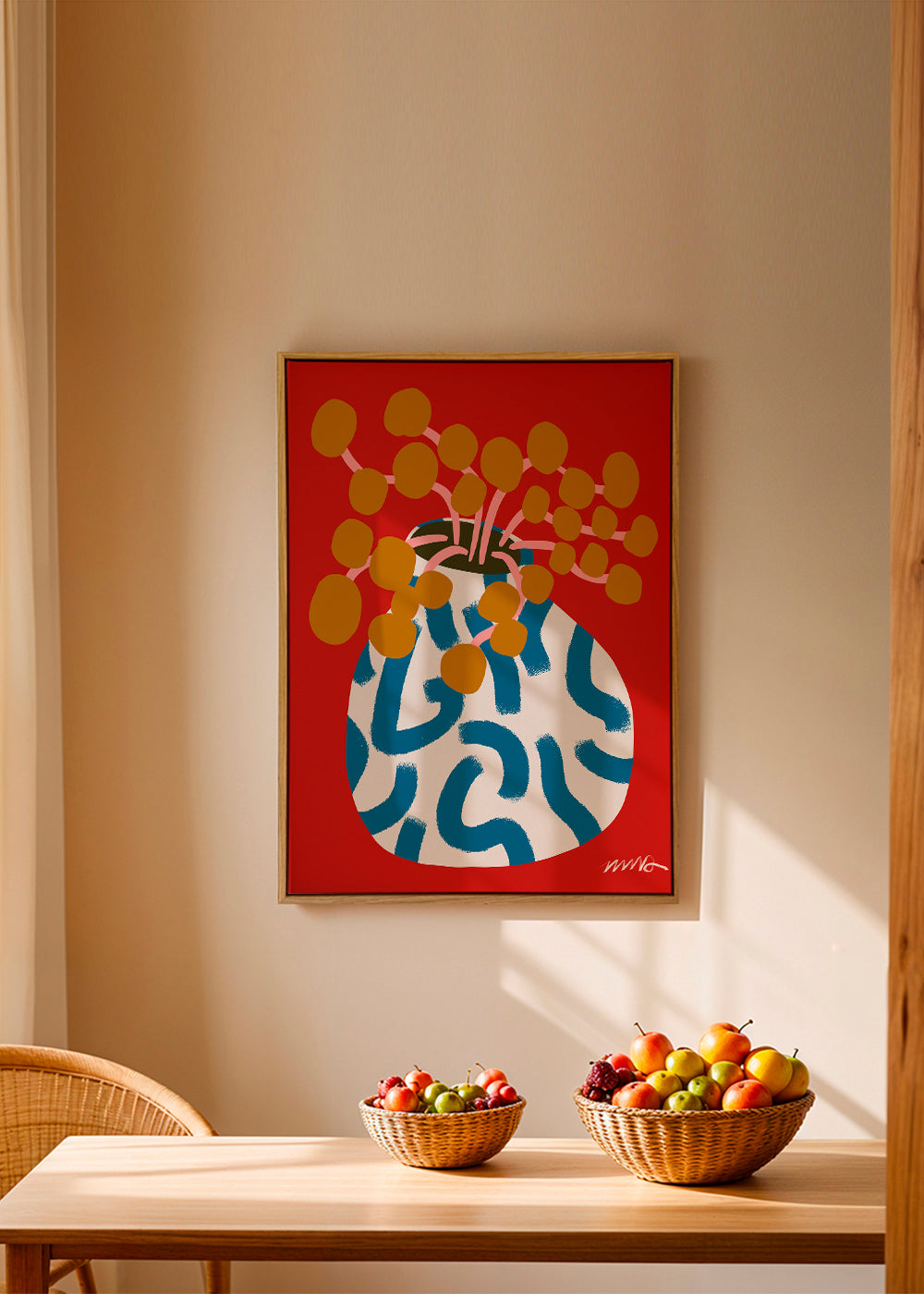 Botanisk poster med vas och gyllene blommor