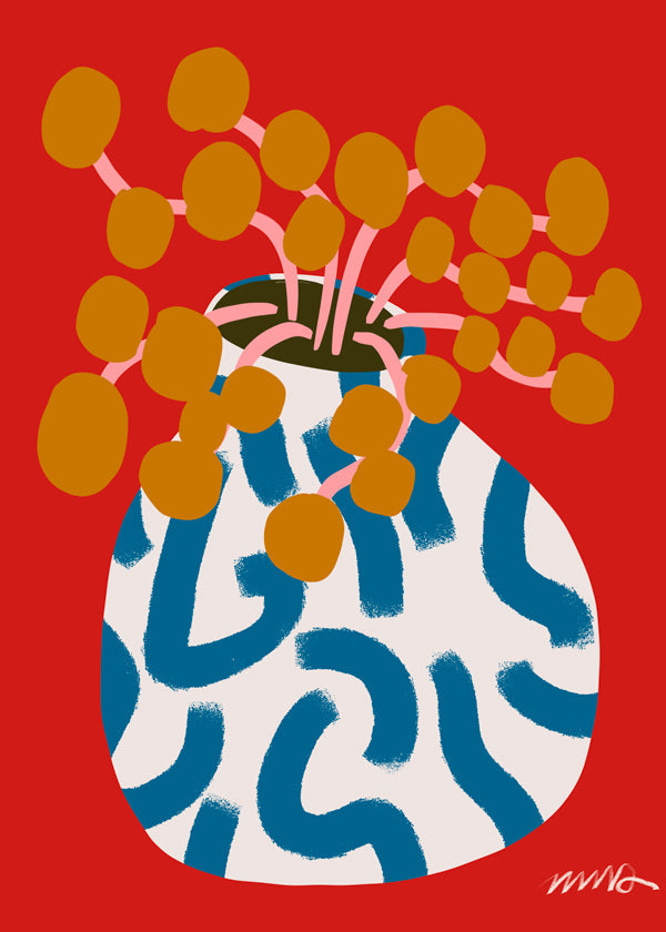 Botanisk poster med vas och gyllene blommor