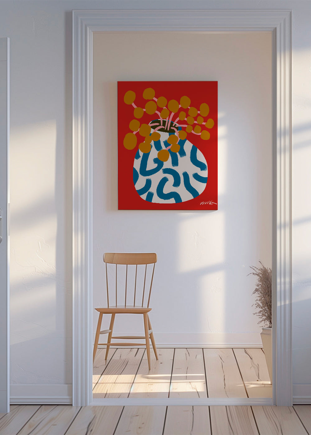 Botanisk poster med vas och gyllene blommor