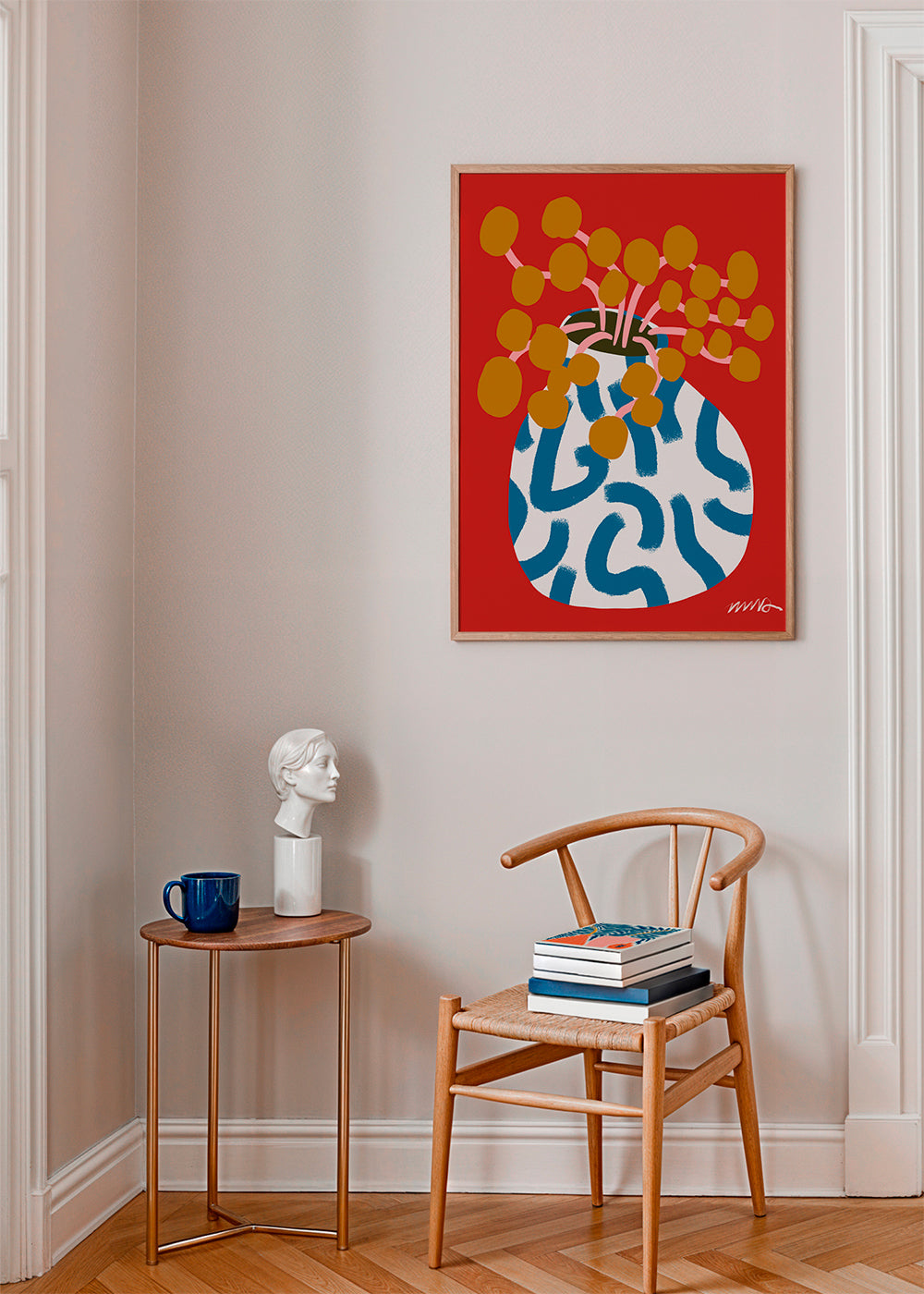 Botanisk poster med vas och gyllene blommor