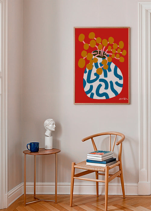 Botanisk poster med vas och gyllene blommor