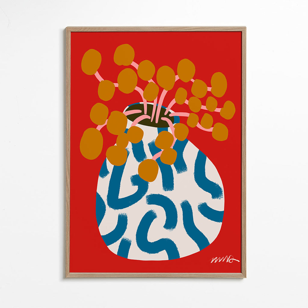 Botanisk poster med vas och gyllene blommor