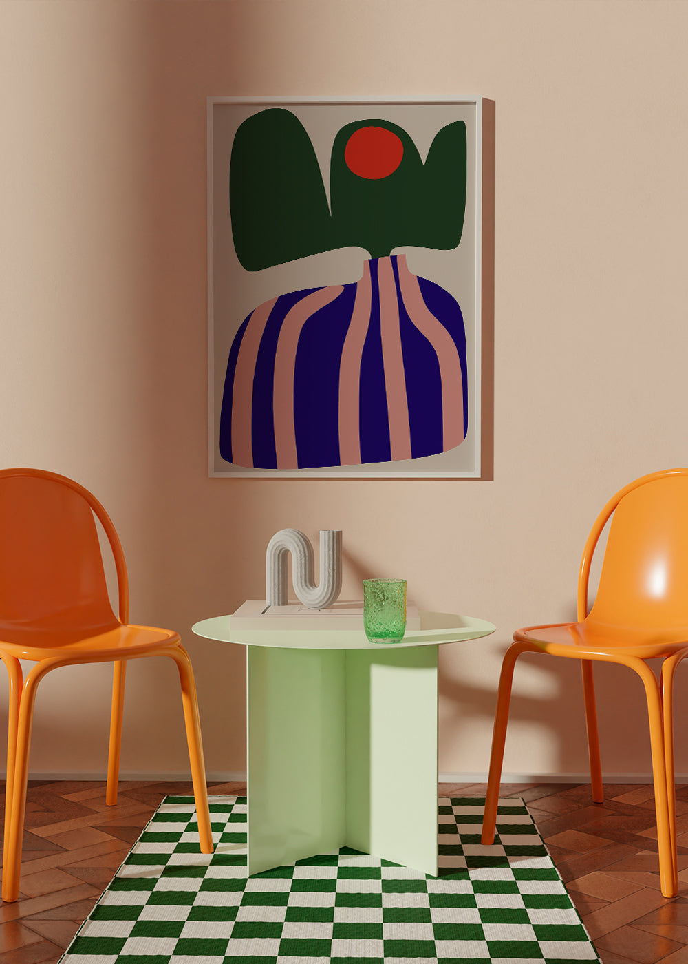 Botanisk poster med organiska rosa och blå former