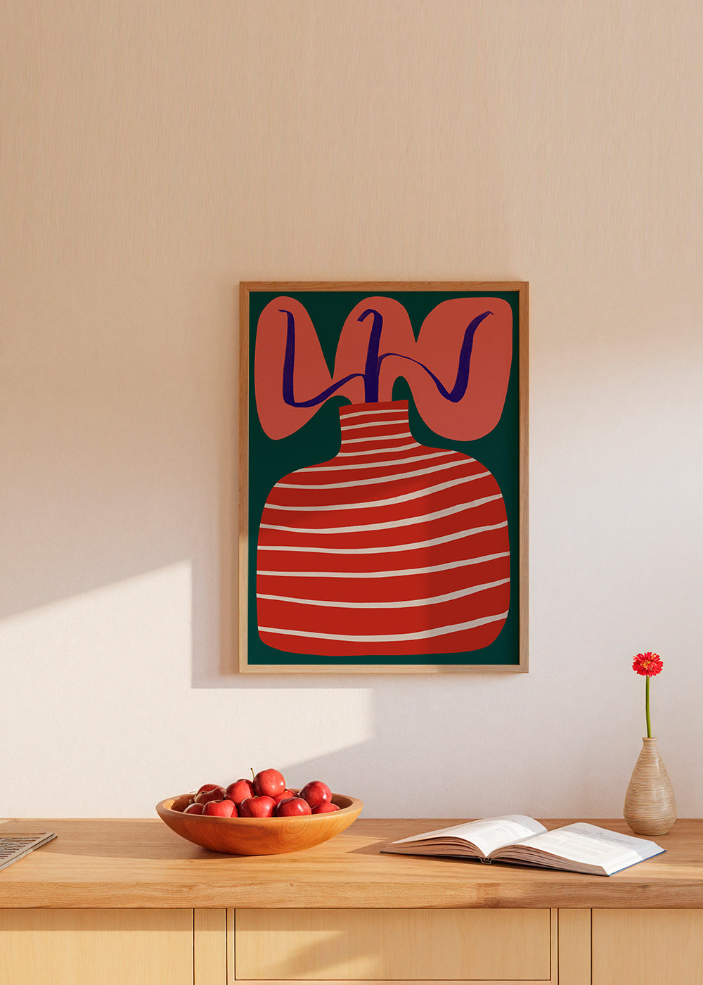 Botanisk poster med randig röd vas