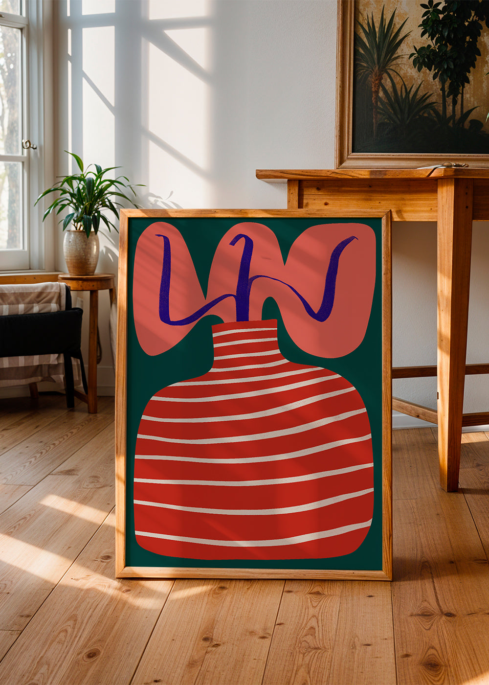 Botanisk poster med randig röd vas