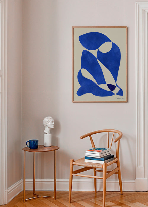 Abstrakt konstverk med organiska blå former