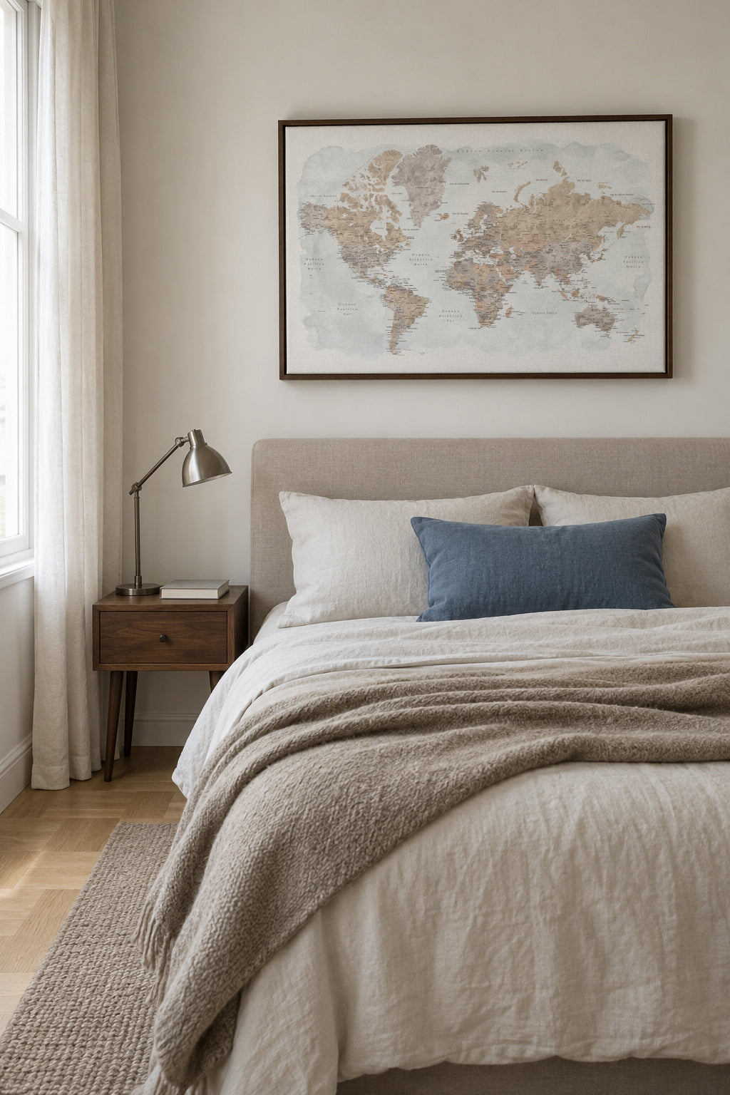 Detailed watercolor world map with labels in Spanish, Calista - Framed canvas in an interior