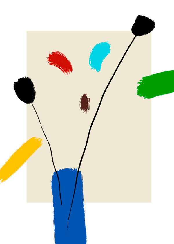 Botanisk poster: Glada blommor i blå vas