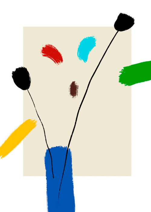 Botanisk poster: Glada blommor i blå vas