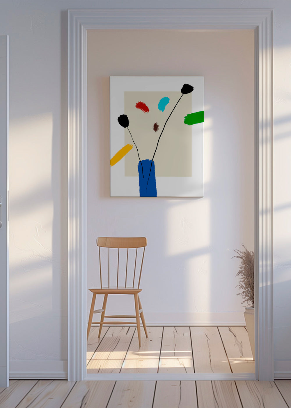 Botanisk poster: Glada blommor i blå vas