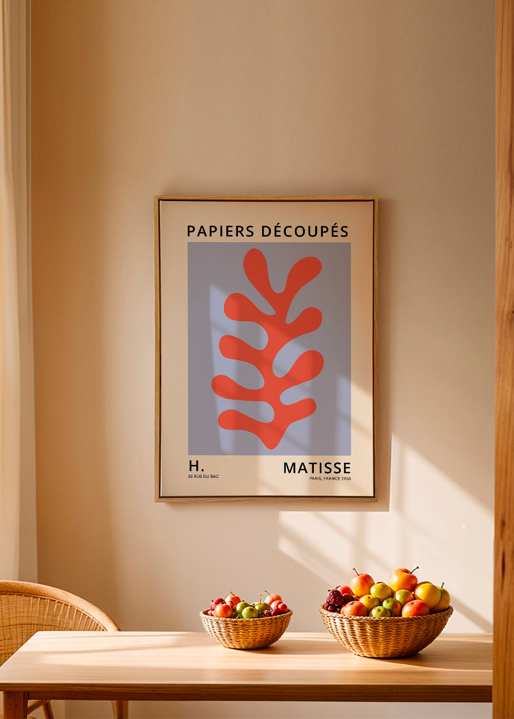 Botanisk plansch Matisse-stil: rött blad mot blå bakgrund