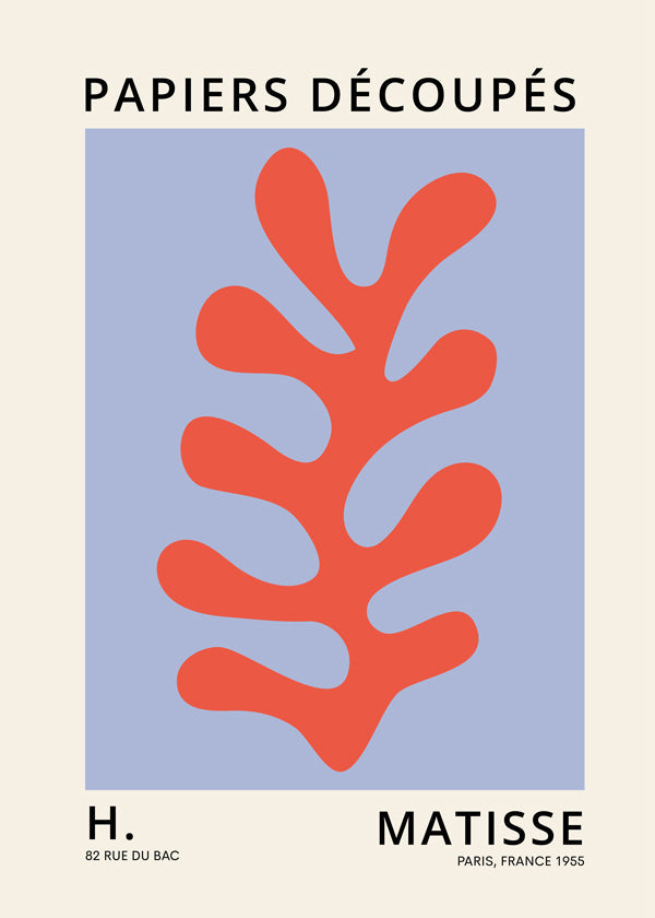 Botanisk plansch Matisse-stil: rött blad mot blå bakgrund