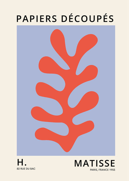 Botanisk plansch Matisse-stil: rött blad mot blå bakgrund